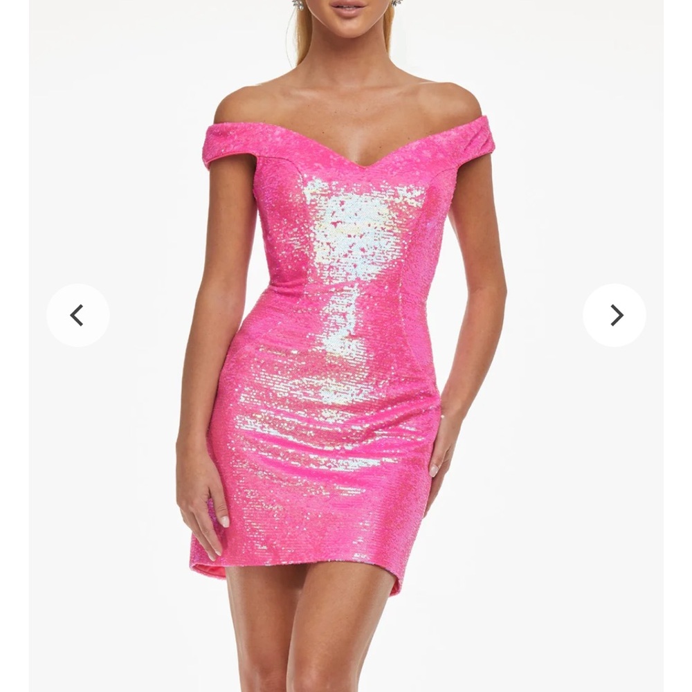 Ashley Lauren Off-Shoulder Criss Cross Back Hot Pink Sequin Dress Homecoming